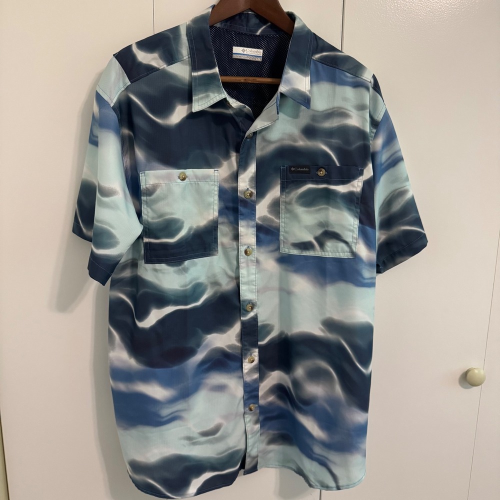 Columbia PFG Mens Blue Water Ripple Print Fishing Shirt AM0425 Large L/G